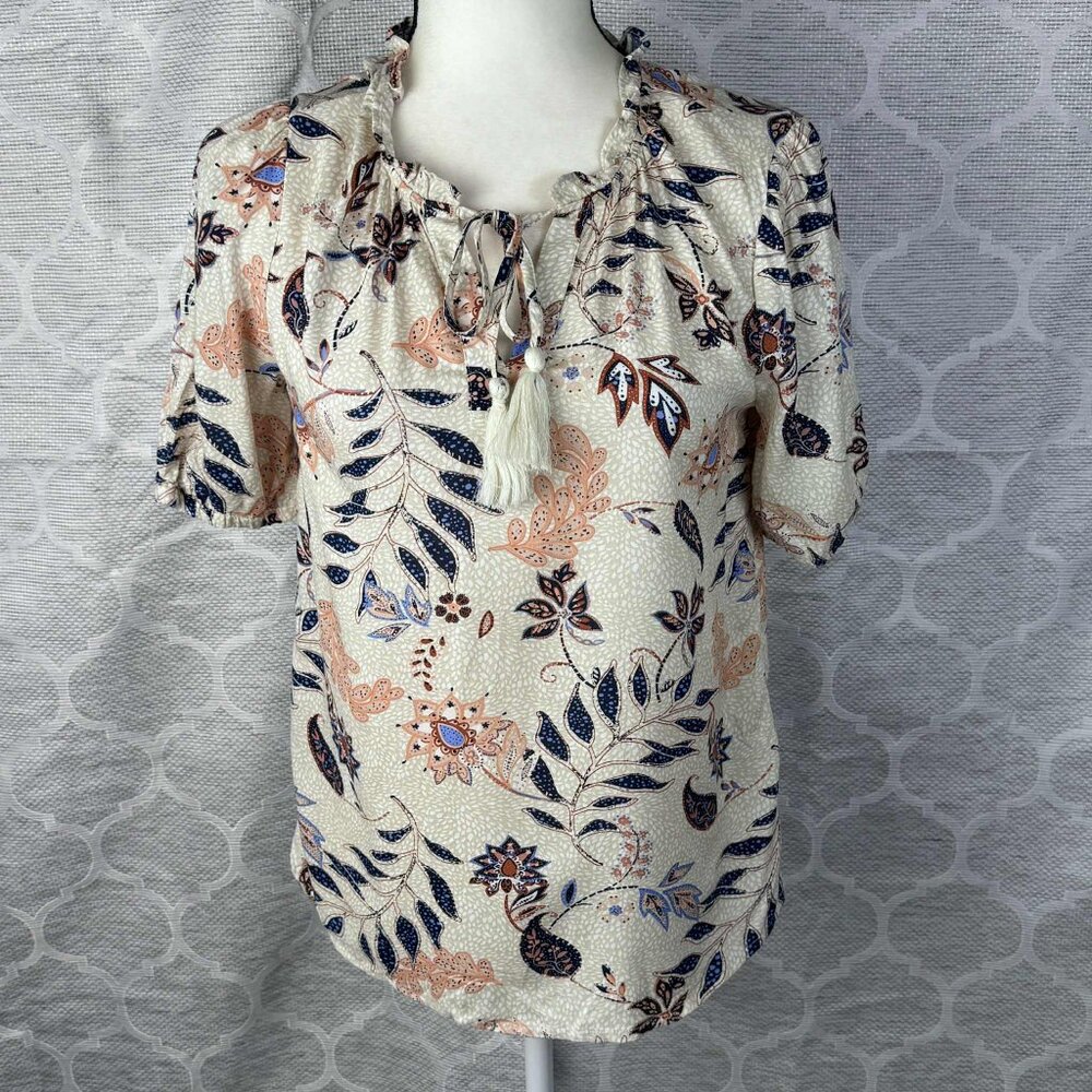 DNMX Women’s Boho Floral Tassel Tie Blouse Top Small Beige 100% Viscose